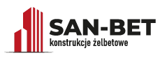  Logo firmy SAN-BET przedstawiające dwie czerwone, stylizowane sylwetki budynków, obok których widnieje nazwa firmy i hasło: "Usługi sanitarne i konstrukcje żelbetowe".